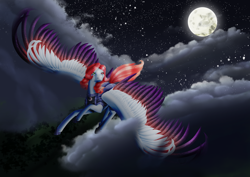 Size: 3508x2480 | Tagged: safe, artist:oneiria-fylakas, oc, oc only, oc:black skel, species:pegasus, species:pony, armor, colored wings, female, flying, mare, moon, multicolored wings, night, solo, wings