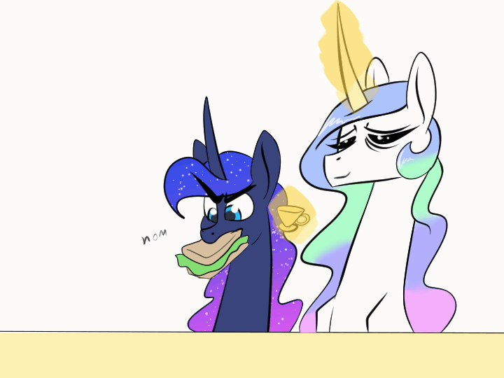 Size: 720x540 | Tagged: safe, artist:underpable, character:princess celestia, character:princess luna, species:alicorn, species:pony, newbie artist training grounds, g4, animated, atg 2019, broken, broken glass, crunch, cup, cute, cutelestia, eating, eyes closed, female, food, frown, glare, headdesk, levitation, lunabetes, magic, majestic as fuck, mare, missing accessory, mouth hold, nom, onomatopoeia, ouch, royal sisters, sandwich, shocked, simple background, smiling, sound effects, surprised, teacup, telekinesis, tired, white background, wide eyes, zzz