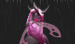 Size: 6000x3500 | Tagged: safe, artist:underpable, edit, oc, oc only, oc:esalen, species:changeling, changeling oc, changeling queen, changeling queen oc, fangs, female, looking back, misleading thumbnail, pink changeling, rain, smiling, solo, wallpaper, wallpaper edit