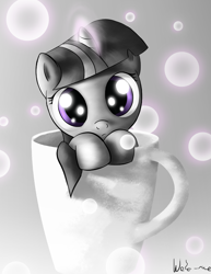 Size: 2499x3232 | Tagged: safe, artist:neko-me, character:twilight sparkle, character:twilight sparkle (unicorn), species:pony, species:unicorn, cup, cup of pony, cute, female, filly twilight sparkle, grayscale, looking at you, micro, monochrome, mug, neo noir, partial color, solo, twiabetes