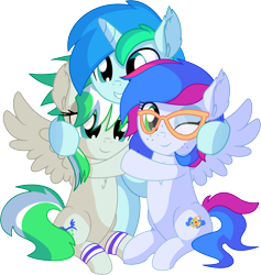 Size: 6967x7345 | Tagged: safe, artist:cyanlightning, oc, oc:azure lightning, oc:cyan lightning, oc:emerald lightning, species:pegasus, species:pony, species:unicorn, .svg available, absurd resolution, blushing, brother and sister, clothing, colt, cute, ear fluff, female, filly, glasses, hug, leg warmers, lidded eyes, male, ocbetes, scarf, siblings, simple background, smiling, spread wings, transparent background, trio, vector, wings