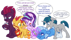 Size: 3526x2009 | Tagged: safe, artist:chub-wub, character:starlight glimmer, character:stygian, character:sunset shimmer, character:tempest shadow, character:trixie, species:pony, species:unicorn, counterparts, dialogue, drink, eye scar, female, floppy ears, food, male, mare, scar, simple background, soda, speech bubble, stallion, that pony sure does love peanut butter crackers, transparent background, twilight's counterparts