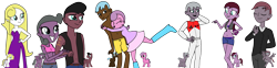 Size: 1280x317 | Tagged: safe, artist:didgereethebrony, parent:oc:shimmering glow, parent:princess flurry heart, parents:canon x oc, species:alicorn, species:earth pony, species:pegasus, species:pony, species:unicorn, my little pony:equestria girls, belly button, belt, breasts, cleavage, clothing, dress, equestria girls-ified, hug, jeans, leather vest, lifejacket, long hair, octuplets, offspring, offspring's offspring, pants, race driver, side slit, suit, swimming trunks, swimsuit, tattoo, tuxedo, underboob
