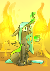 Size: 2480x3508 | Tagged: safe, artist:underpable, character:queen chrysalis, species:changeling, newbie artist training grounds, atg 2019, bloodshot eyes, changeling queen, cheese, cup, female, fire, food, magic, meme, mug, sitting, smelly, smiling, solo, telekinesis, this is fine, three quarter view