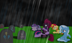 Size: 6568x3882 | Tagged: safe, artist:ejlightning007arts, character:applejack, character:fluttershy, character:pinkie pie, character:rainbow dash, character:rarity, character:starlight glimmer, character:sunset shimmer, character:tempest shadow, character:trixie, character:twilight sparkle, character:twilight sparkle (alicorn), species:alicorn, species:pony, species:unicorn, cemetery, crying, female, grave, gravestone, hug, implied death, mare, rain, sad, sitting, teary eyes, tombstones
