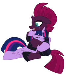 Size: 10258x11729 | Tagged: safe, artist:ejlightning007arts, character:tempest shadow, character:twilight sparkle, character:twilight sparkle (alicorn), species:alicorn, species:pony, armor, broken horn, crying, horn, hug, sad, simple background, transparent background, vector, wings