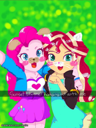 Size: 1536x2048 | Tagged: safe, artist:uotapo, character:pinkie pie, character:sunset shimmer, my little pony:equestria girls, blush sticker, blushing, caption, cat ears, cute, dog ears, duo, muzzle, selfie, snapchat, snapchat filter