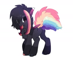 Size: 1600x1294 | Tagged: safe, artist:little-sketches, oc, oc:ayaka, species:pegasus, species:pony, alternate design, bird tail, blushing, butt, butt fluff, chest fluff, female, floppy ears, fluffy, looking at you, mare, plot, ponified, simple background, smiling