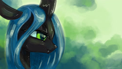 Size: 1920x1080 | Tagged: safe, artist:kp-shadowsquirrel, character:queen chrysalis, species:changeling, bust, changeling queen, female, portrait, smiling, solo, wallpaper