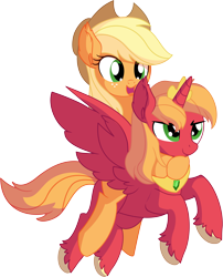 Size: 6371x7873 | Tagged: safe, artist:cyanlightning, character:applejack, character:big mcintosh, species:alicorn, species:earth pony, species:pony, .svg available, absurd resolution, alicornified, brother and sister, brotherly love, crown, cute, duo, ear fluff, female, flying, jewelry, macabetes, macareina, male, mare, open mouth, ponies riding ponies, princess big mac, race swap, regalia, riding, rule 63, rule63betes, siblings, simple background, smiling, spread wings, stallion, transparent background, unshorn fetlocks, vector, wings