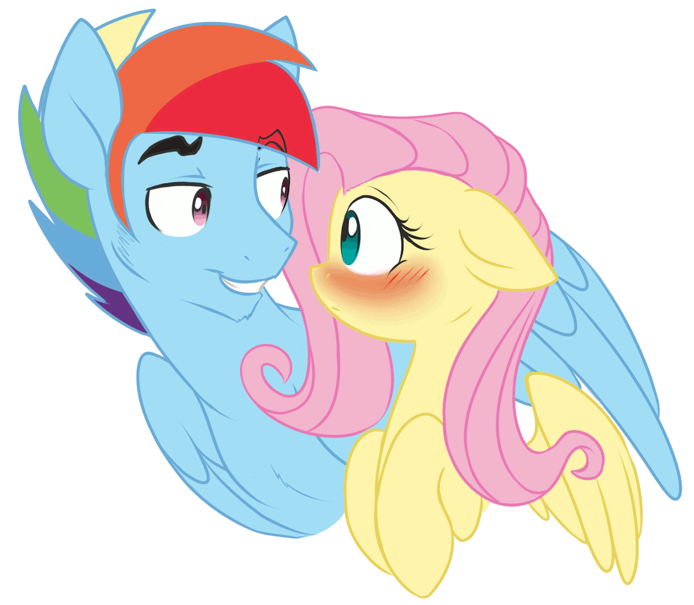 Size: 1394x1214 | Tagged: safe, artist:chub-wub, edit, editor:damaged, character:fluttershy, character:rainbow dash, species:pegasus, species:pony, ship:flutterdash, animated, blushing, eyebrow wiggle, female, flutterblitz, gif, half r63 shipping, loop, male, mare, perfect loop, rainbow blitz, rule 63, shipping, simple background, stallion, straight, transparent background