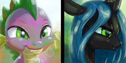 Size: 300x150 | Tagged: safe, artist:kp-shadowsquirrel, character:queen chrysalis, character:spike, species:changeling, species:dragon, fanfic:the changeling's dragon, adorable face, changeling queen, chryspike, cute, cute smile, cutealis, fanfic art, female, male, picture for breezies, shipping, spikabetes, straight