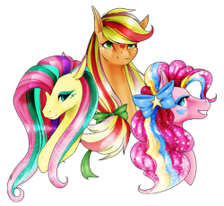 Size: 2215x2034 | Tagged: safe, artist:oneiria-fylakas, character:applejack, character:fluttershy, character:pinkie pie, species:pony, bust, portrait, rainbow power, simple background, transparent background