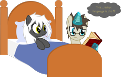 Size: 2574x1638 | Tagged: safe, artist:zacatron94, oc, oc only, oc:blank novel, oc:captain white, species:pegasus, species:pony, species:unicorn, bed, book, female, magic, male, mare, oc x oc, shipping, simple background, stallion, thermometer, transparent background, vector, whitenovel