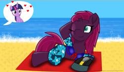 Size: 2860x1668 | Tagged: safe, artist:ejlightning007arts, character:fizzlepop berrytwist, character:tempest shadow, character:twilight sparkle, character:twilight sparkle (alicorn), species:alicorn, species:pony, ship:tempestlight, alternate hairstyle, beach, beach towel, bikini, bikini top, clothing, cute, eye scar, female, floating heart, heart, lesbian, one eye closed, sarong, scar, shipping, summer, swimsuit, tempestbetes, water, wink