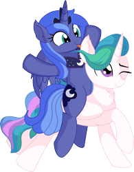 Size: 5924x7576 | Tagged: safe, artist:cyanlightning, character:princess celestia, character:princess luna, species:alicorn, species:pony, .svg available, absurd resolution, cute, duo, ear fluff, female, mare, missing accessory, one eye closed, ponies riding ponies, s1 luna, siblings, simple background, sisterly love, sisters, sitting, smiling, standing, tongue out, transparent background, vector