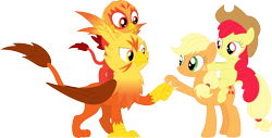 Size: 3586x1826 | Tagged: safe, artist:porygon2z, character:apple bloom, character:applejack, oc, oc:blaze, oc:heatwave, species:earth pony, species:griffon, species:pony, accessory swap, brothers, female, fist bump, griffons riding griffons, hoofbump, male, ponies riding ponies, siblings, simple background, sisters, transparent background