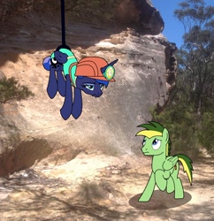 Size: 1280x1321 | Tagged: safe, artist:didgereethebrony, character:princess luna, oc, oc:didgeree, species:alicorn, species:pegasus, species:pony, episode:between dark and dawn, g4, my little pony: friendship is magic, australia, blue mountains, cliff, cutie mark, dangling, didgeree collection, helmet, irl, mlp in australia, photo, ponies in real life, rope, story included, unamused