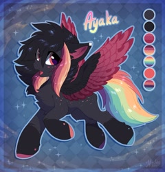 Size: 1920x2001 | Tagged: safe, artist:hioshiru, oc, oc only, oc:ayaka, species:pegasus, species:pony, abstract background, alternate design, blue background, body freckles, chest fluff, colored hooves, colored wings, colored wingtips, ear fluff, female, freckles, mare, ponified, rainbow tail, red eyes, reference sheet, simple background, solo, species swap, two toned wings, wings