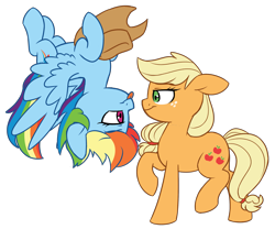 Size: 2725x2262 | Tagged: safe, artist:chub-wub, character:applejack, character:rainbow dash, species:pony, ship:appledash, clothing, cowboy hat, cute, dashabetes, female, hat, jackabetes, lesbian, looking at each other, mare, shipping, simple background, stetson, transparent background, upside down