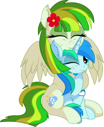 Size: 6249x7632 | Tagged: safe, artist:cyanlightning, oc, oc only, oc:cyan lightning, oc:green lightning, species:pegasus, species:pony, species:unicorn, .svg available, absurd resolution, blushing, clothing, colt, cute, duo, eyes closed, female, flower, flower in hair, hug, male, mare, mother and son, ocbetes, scarf, simple background, smiling, spread wings, transparent background, vector, wings