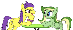Size: 1804x747 | Tagged: safe, artist:didgereethebrony, oc, oc:boomerang beauty, oc:doodley, species:earth pony, species:pegasus, species:pony, cutie mark, doomerang, glasses, oc x oc, shipping, simple background, sweatband, table, transparent background