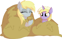 Size: 9215x5877 | Tagged: safe, artist:cyanlightning, character:derpy hooves, character:dinky hooves, species:pegasus, species:pony, species:unicorn, .svg available, absurd resolution, cute, derpabetes, dinkabetes, eating, equestria's best daughter, equestria's best mother, eyes closed, female, filly, hay, hay bale, herbivore, horses doing horse things, mare, mother and daughter, silly, silly pony, simple background, solo, sweet dreams fuel, transparent background, vector