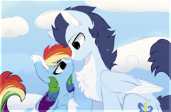 Size: 1680x1104 | Tagged: safe, artist:little-sketches, character:rainbow dash, character:soarin', species:pegasus, species:pony, ship:soarindash, alternate design, blaze (coat marking), chest fluff, eye contact, female, looking at each other, male, mare, shipping, size difference, stallion, straight, two toned wings, wings