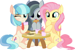 Size: 8848x5961 | Tagged: safe, artist:cyanlightning, character:coco pommel, character:fluttershy, character:marble pie, species:earth pony, species:pegasus, species:pony, .svg available, absurd resolution, blushing, burger, chest fluff, chocolate, cocobetes, coffee cup, cup, cute, ear fluff, eating, eclair, female, folded wings, food, hair, hay burger, holding, marblebetes, mare, one eye closed, open mouth, shyabetes, simple background, sitting, table, the council of shy ponies, transparent background, trio, trio female, vector, wings, wink