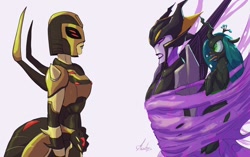 Size: 1280x806 | Tagged: safe, artist:grissaecrim, character:queen chrysalis, species:changeling, airachnid, angry, beast wars, blackarachnia, captured, changeling queen, crossover, female, spider web, sticky, transformers, transformers animated, transformers prime, trio