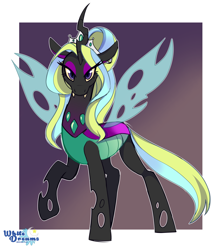 Size: 2443x2788 | Tagged: safe, artist:xwhitedreamsx, oc, oc only, oc:vedalia, species:changeling, species:reformed changeling, changeling queen, changeling queen oc, female, high res, raised hoof, solo