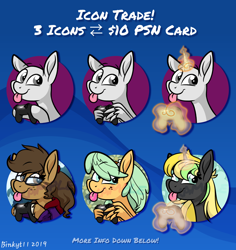 Size: 2222x2356 | Tagged: safe, artist:binkyt11, oc, oc:binky, oc:bubbly citrus, oc:daphne, species:earth pony, species:pegasus, species:pony, species:unicorn, species:zony, abstract background, advertisement, blep, circle background, clothing, commission, controller, female, hoodie, hybrid, icon, levitation, magic, mare, playstation, rayman, telekinesis, tongue out, trade, unshorn fetlocks, your character here