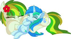 Size: 9573x5356 | Tagged: safe, artist:cyanlightning, oc, oc only, oc:cyan lightning, oc:green lightning, species:pegasus, species:pony, species:unicorn, .svg available, absurd resolution, blushing, clothing, colt, cute, duo, eyes closed, female, flower, flower in hair, folded wings, male, mare, mother and son, ocbetes, scarf, simple background, sleeping, smiling, transparent background, vector, wings
