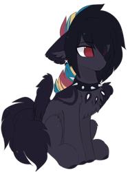 Size: 776x1029 | Tagged: safe, artist:little-sketches, oc, oc only, oc:masashi, species:pegasus, species:pony, chest fluff, collar, ear fluff, ear piercing, floppy ears, hair over one eye, male, multicolored hair, piercing, simple background, sitting, solo, spiked collar, stallion, transparent background