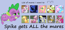 Size: 1313x609 | Tagged: safe, artist:porygon2z, character:applejack, character:derpy hooves, character:fluttershy, character:granny smith, character:lotus blossom, character:nightmare moon, character:pinkie pie, character:princess luna, character:spike, character:sweetie belle, character:zecora, species:alicorn, species:dragon, species:earth pony, species:pegasus, species:pony, species:unicorn, ship:applespike, ship:flutterspike, ship:pinkiespike, ship:spikebelle, cheerispike, derpyspike, female, filly, grannyspike, harem, le lenny face, male, mare, op is a duck, op is trying to start shit, shipping, spicora, spike gets all the mares, spikemoon, splotus, straight