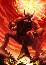 Size: 2480x3508 | Tagged: safe, artist:jowyb, character:lord tirek, species:centaur, commission, destruction, electricity, fire, high res, macro, male, muscles, open mouth, solo
