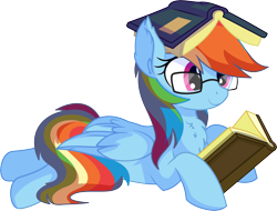 Size: 7538x5715 | Tagged: safe, artist:cyanlightning, character:rainbow dash, species:pegasus, species:pony, .svg available, absurd resolution, adorkable, book, book hat, chest fluff, cute, dashabetes, dork, ear fluff, female, folded wings, glasses, mare, nerd, prone, rainbow dork, reading, simple background, sitting, smiling, solo, transparent background, vector, wing fluff, wings