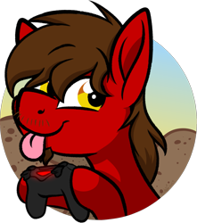 Size: 1775x2011 | Tagged: safe, artist:binkyt11, part of a set, oc, oc:chip, species:earth pony, species:pegasus, species:pony, abstract background, beard, blep, controller, cute, facial hair, food, hoof hold, icon, looking sideways, male, moustache, ocbetes, playstation, potato, simple background, smiling, solo, stallion, tongue out, transparent background