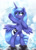 Size: 1000x1400 | Tagged: safe, artist:joakaha, character:princess luna, species:alicorn, species:pony, g4, bipedal, cute, dialogue, female, lunabetes, mare, raised hoof, rearing, s1 luna, signature, singing, solo, spread wings, under hoof, wings