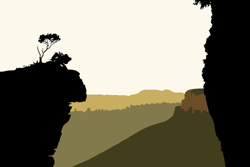 Size: 1280x854 | Tagged: safe, artist:didgereethebrony, character:daring do, species:pegasus, species:pony, blue mountains, cliff, colored, female, flat colors, hanging rock, mlp in australia, silhouette, solo, tree, valley