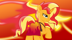 Size: 3840x2160 | Tagged: safe, artist:ejlightning007arts, artist:zacatron94, character:sunset shimmer, species:pony, species:unicorn, clothing, equestria girls outfit, female, high res, mare, raised hoof, smiling, solo, swimsuit