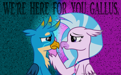 Size: 6340x3900 | Tagged: safe, artist:ejlightning007arts, edit, character:gallus, character:silverstream, species:griffon, species:hippogriff, ship:gallstream, absurd resolution, crying, female, fixed spelling, hand on cheek, implied student six, jewelry, male, necklace, sad, shipping, straight, support
