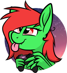 Size: 1906x2071 | Tagged: safe, artist:binkyt11, part of a set, oc, oc only, oc:watermelon frenzy, species:pegasus, species:pony, circle background, controller, cute, dawn, focused, icon, male, playing, simple background, tongue out, transparent background, wing hands, wings