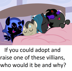 Size: 1120x1100 | Tagged: safe, artist:beavernator, edit, character:discord, character:king sombra, character:nightmare moon, character:princess luna, character:queen chrysalis, species:pony, baby, baby pony, beavernator is trying to murder us, bed, cute, cutealis, discute, female, filly, meta, moonabetes, nightmare woon, nymph, question, sleeping, sombradorable, woona, younger