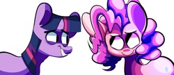 Size: 1280x555 | Tagged: safe, artist:extradan, character:pinkie pie, character:twilight sparkle, species:earth pony, species:pony, species:unicorn, grin, looking at each other, nervous, smiling