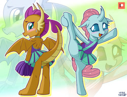 Size: 1307x1000 | Tagged: safe, artist:uotapo, character:ocellus, character:smolder, species:changeling, species:dragon, species:reformed changeling, episode:2-4-6 greaaat, backless, blushing, cheerleader, cheerleader ocellus, cheerleader outfit, cheerleader smolder, clothing, cute, diaocelles, dragoness, duo, facing away, featureless crotch, female, flexible, moe, open mouth, patreon, patreon logo, pleated skirt, pom pom, skirt, skirt lift, smolderbetes, technically an upskirt shot, teenager, zoom layer
