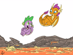 Size: 2893x2180 | Tagged: safe, artist:jowyb, character:smolder, character:spike, species:dragon, episode:sweet and smoky, g4, my little pony: friendship is magic, ball, cannonball, diving, lava, winged spike