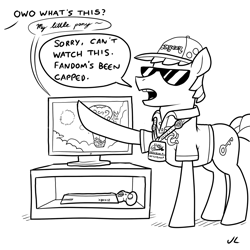 Size: 1440x1440 | Tagged: safe, artist:docwario, oc, oc only, species:pony, bronycon, clothing, lanyard, lineart, opening, owo what's this?, shirt, sunglasses, television, xbox