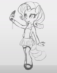 Size: 1006x1274 | Tagged: safe, artist:grissaecrim, character:rarity, species:anthro, species:unguligrade anthro, cellphone, clothing, cute, female, jacket, lineart, mary janes, phone, pleated skirt, selfie, shirt, shoes, simple background, skirt, socks, solo, thigh highs, white background, zettai ryouiki