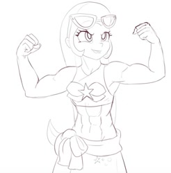 Size: 800x813 | Tagged: safe, artist:grissaecrim, character:trixie, equestria girls:forgotten friendship, g4, my little pony: equestria girls, my little pony:equestria girls, abs, amazon, armpits, belly button, biceps, bikini, bikini top, clothing, female, flexing, grand and muscular trixie, lineart, lip bite, midriff, muscles, muscular female, sarong, scene interpretation, simple background, solo, sunglasses, swimsuit, white background